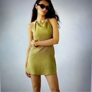Anthropologie Reformation Mabli Halter Linen Olive Green Mini Dress Size 6
